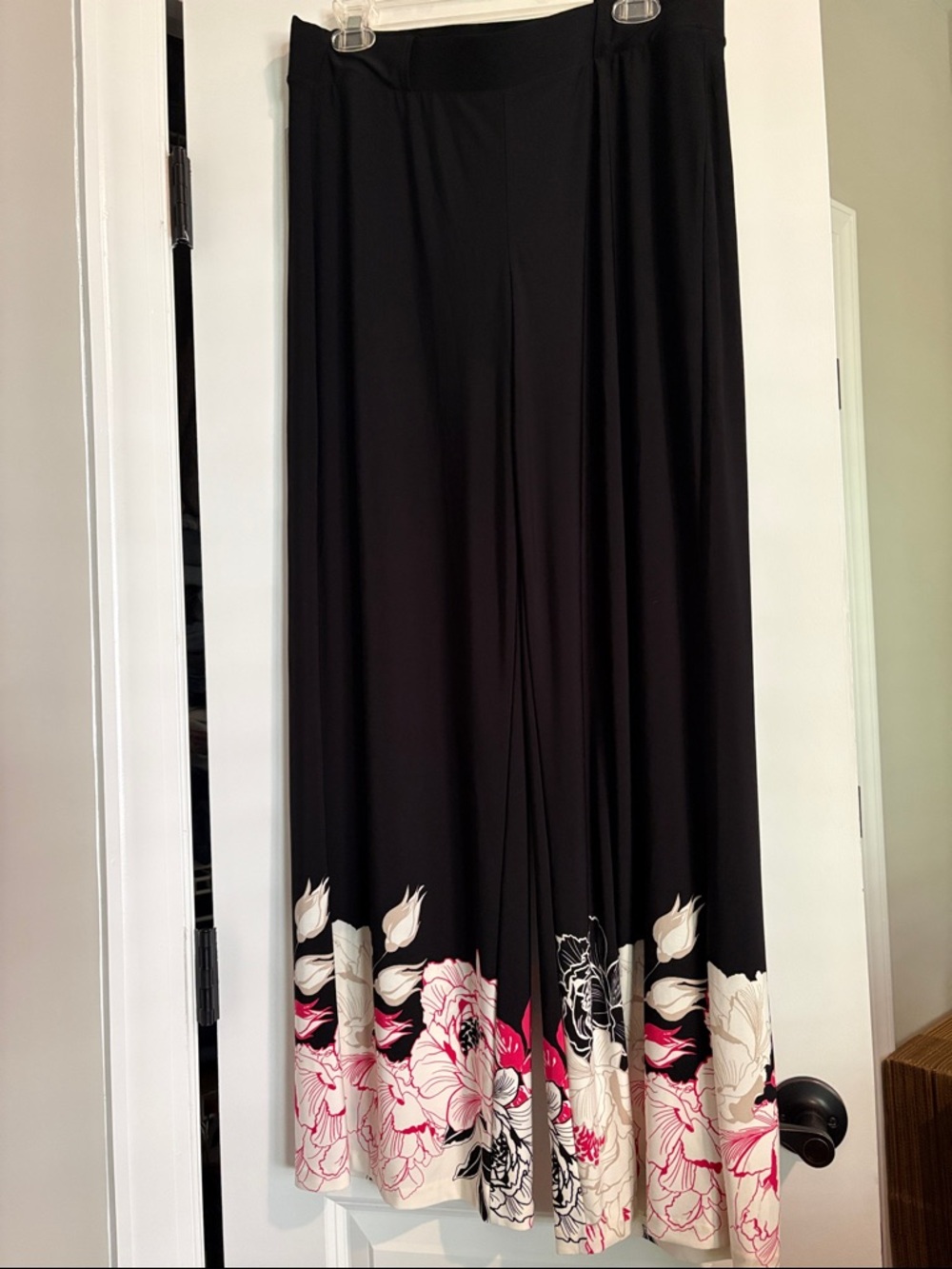 White House Black Market Black Wide Leg Pants with Pink & Cream Floral Hem